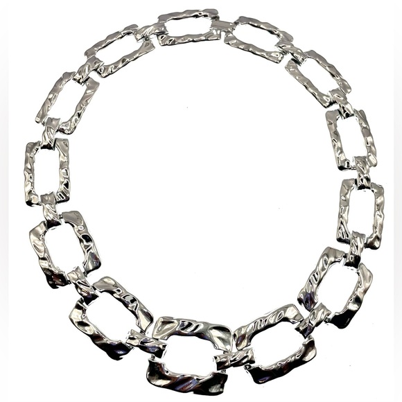 Silver Tone Necklace Choker With Large Shiny Rectangular Links Chunky Bold - Picture 3 of 8